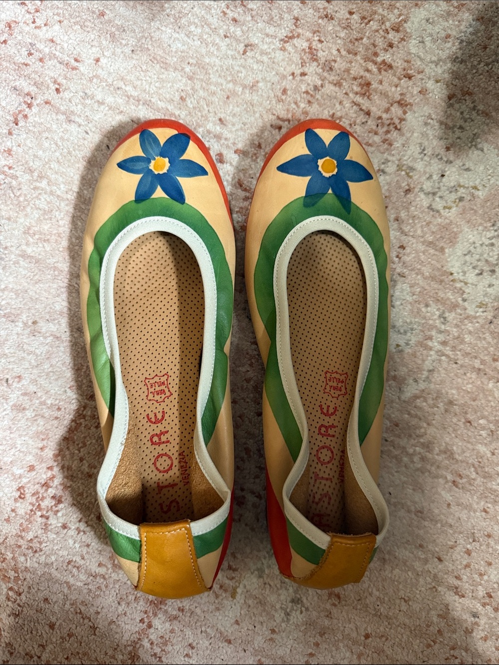 Hand-Painted Floral Ballet Flats in Peach, Green & Blue